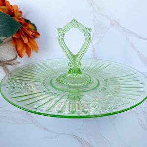 Vintage Depression Glass Uranium Green Open Handled Tidbit Tray - GLOWS - 12”